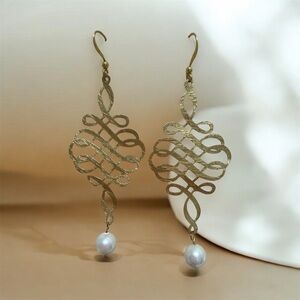 Gold Swirl Earrings with Pearl Drop